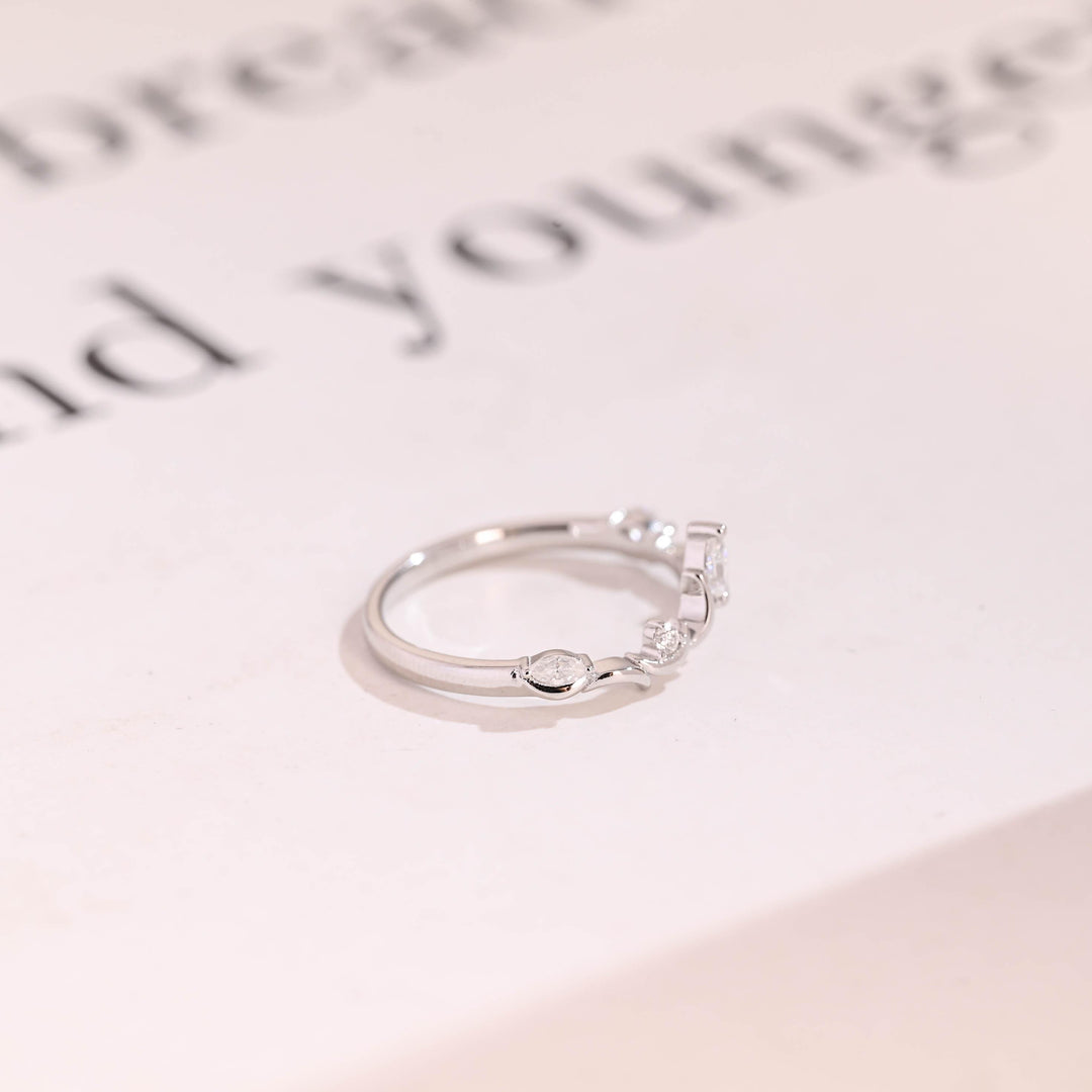 Marquise & Round diamond band stacked with engagement ring
