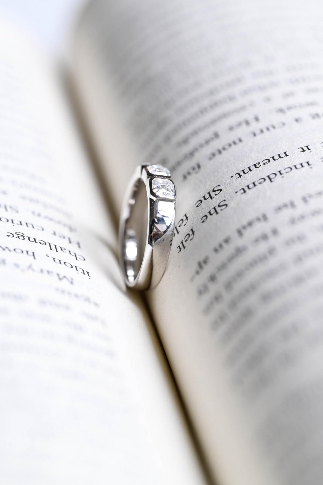 Asscher diamond band stacked with engagement ring