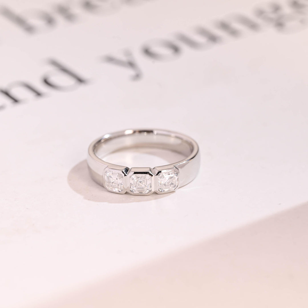 Asscher lab grown diamond band worn on hand