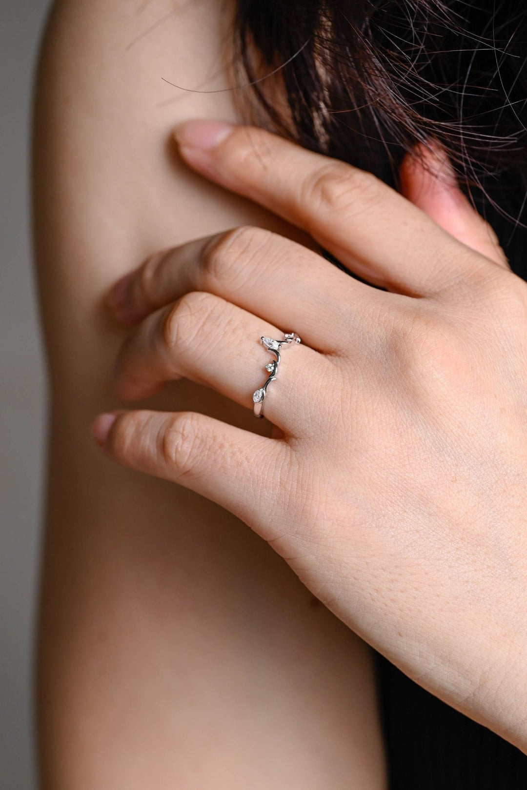 Marquise & Round lab grown diamond band worn on hand