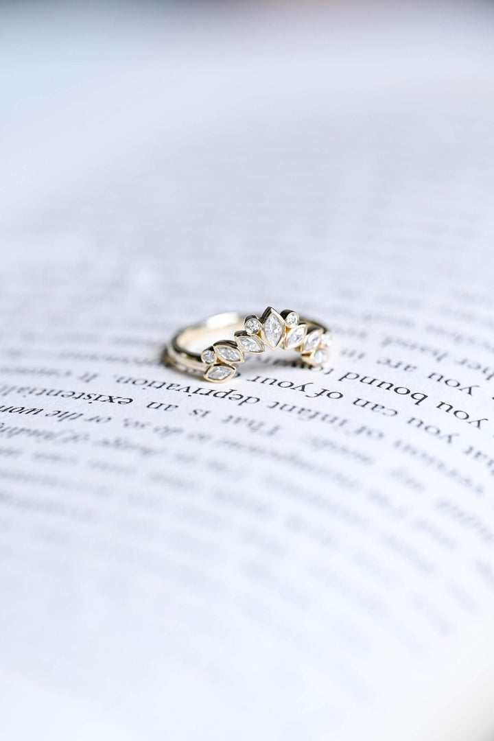 Round diamond band stacked with engagement ring