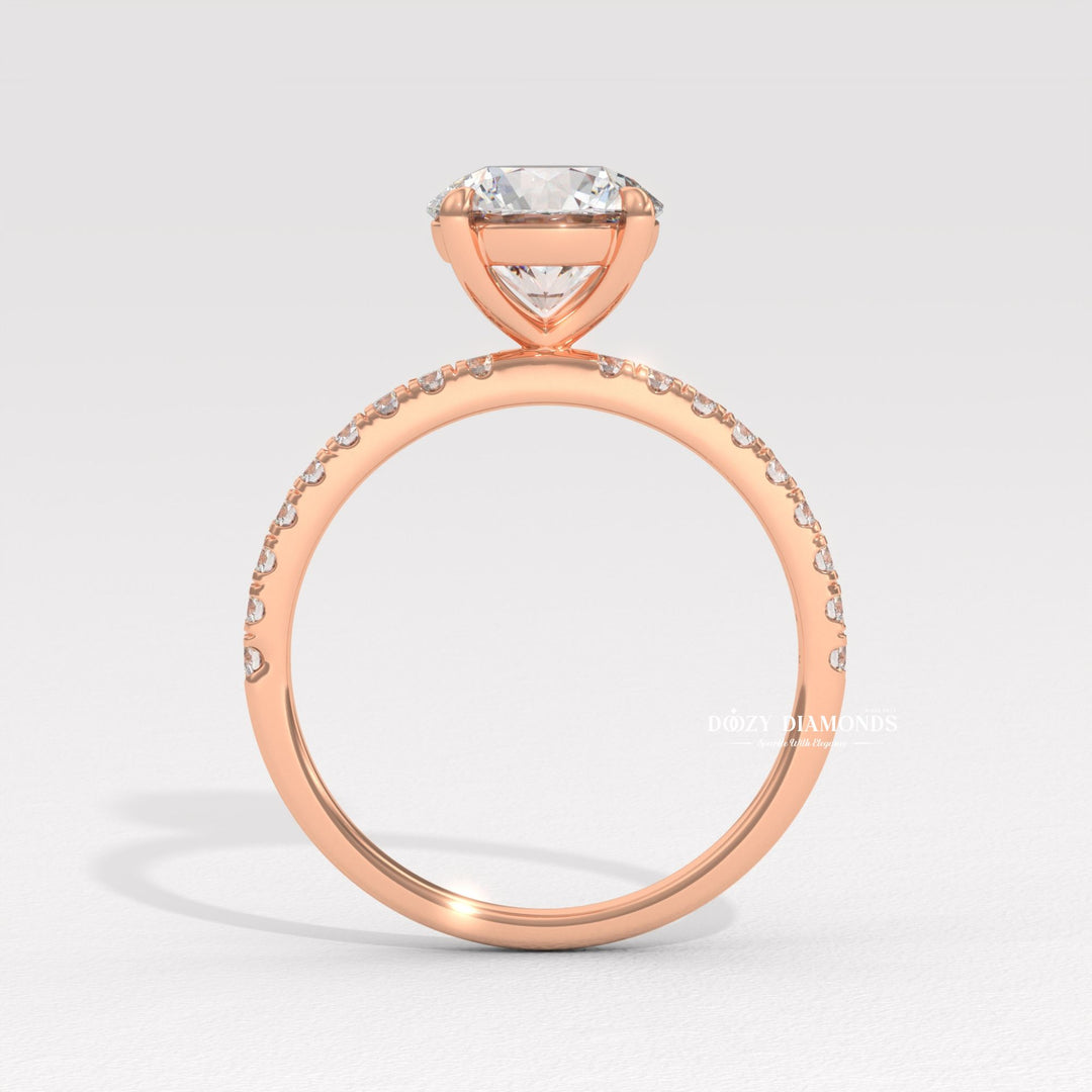 Side angle of round pave diamond engagement ring