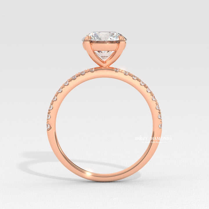 Side angle of round pave diamond engagement ring