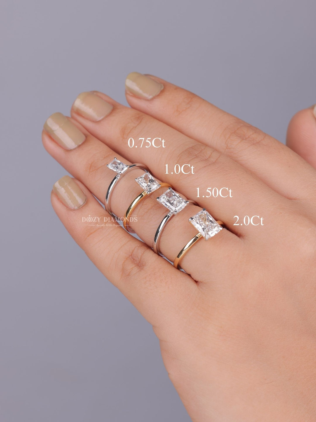 Radiant solitaire lab grown diamond ring side profile in gold setting