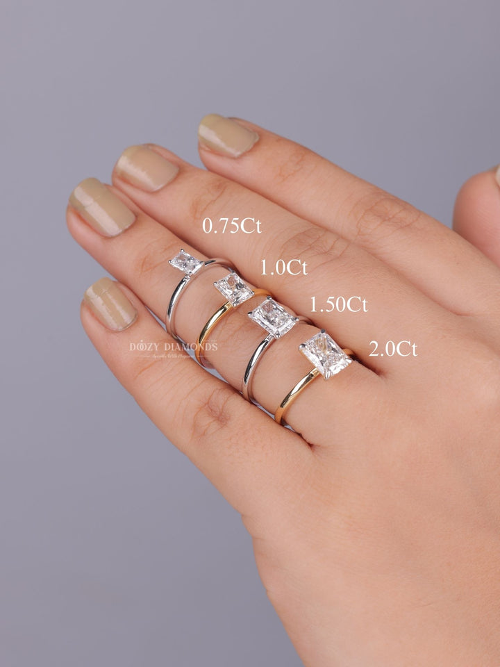 Radiant solitaire lab grown diamond ring side profile in gold setting
