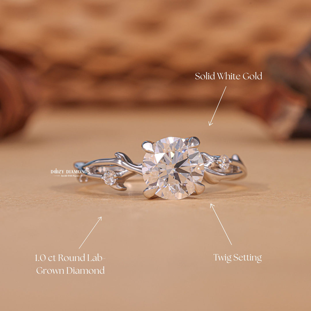 Angled view of round cut diamond in solitaire setting