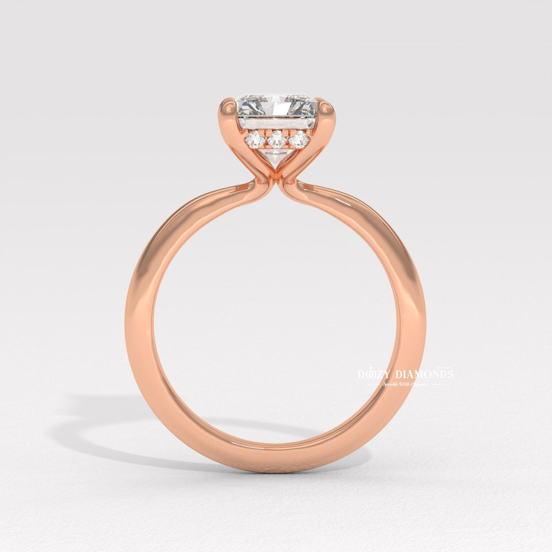 Radiant hidden halo lab grown diamond ring fitted on finger