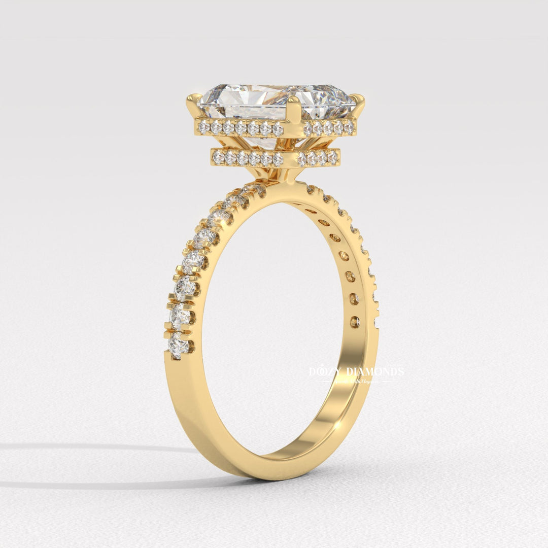 Radiant halo engagement ring viewed from the side