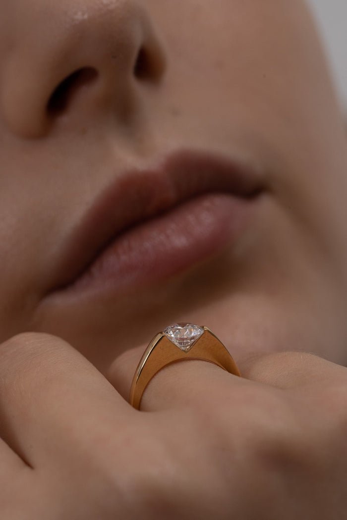 Round solitaire lab grown diamond ring fitted on finger