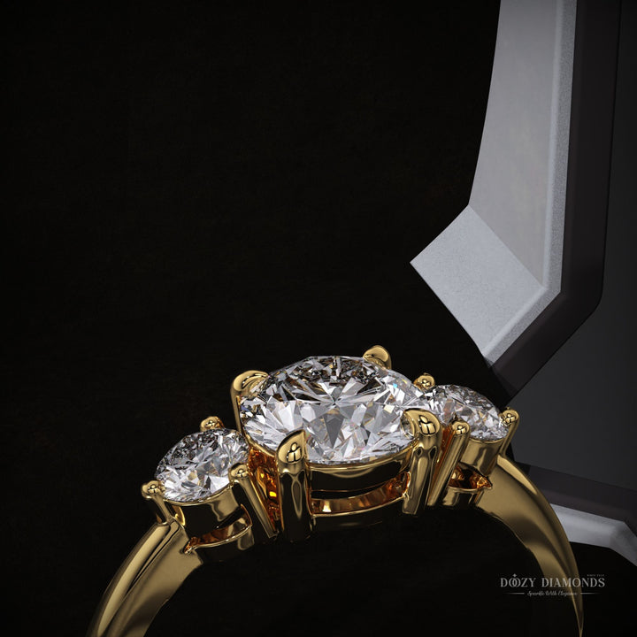 Round three stone lab grown diamond ring side profile in gold setting