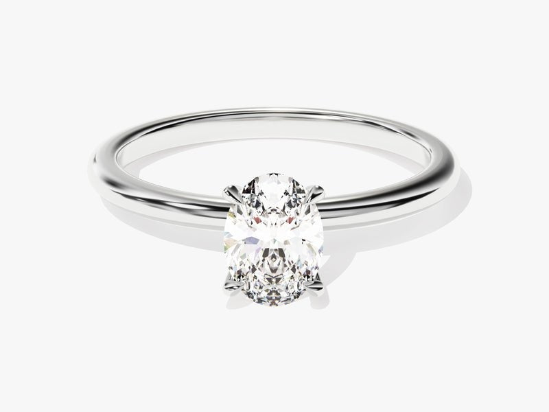 Close-up of oval cut center diamond in solitaire engagement ring