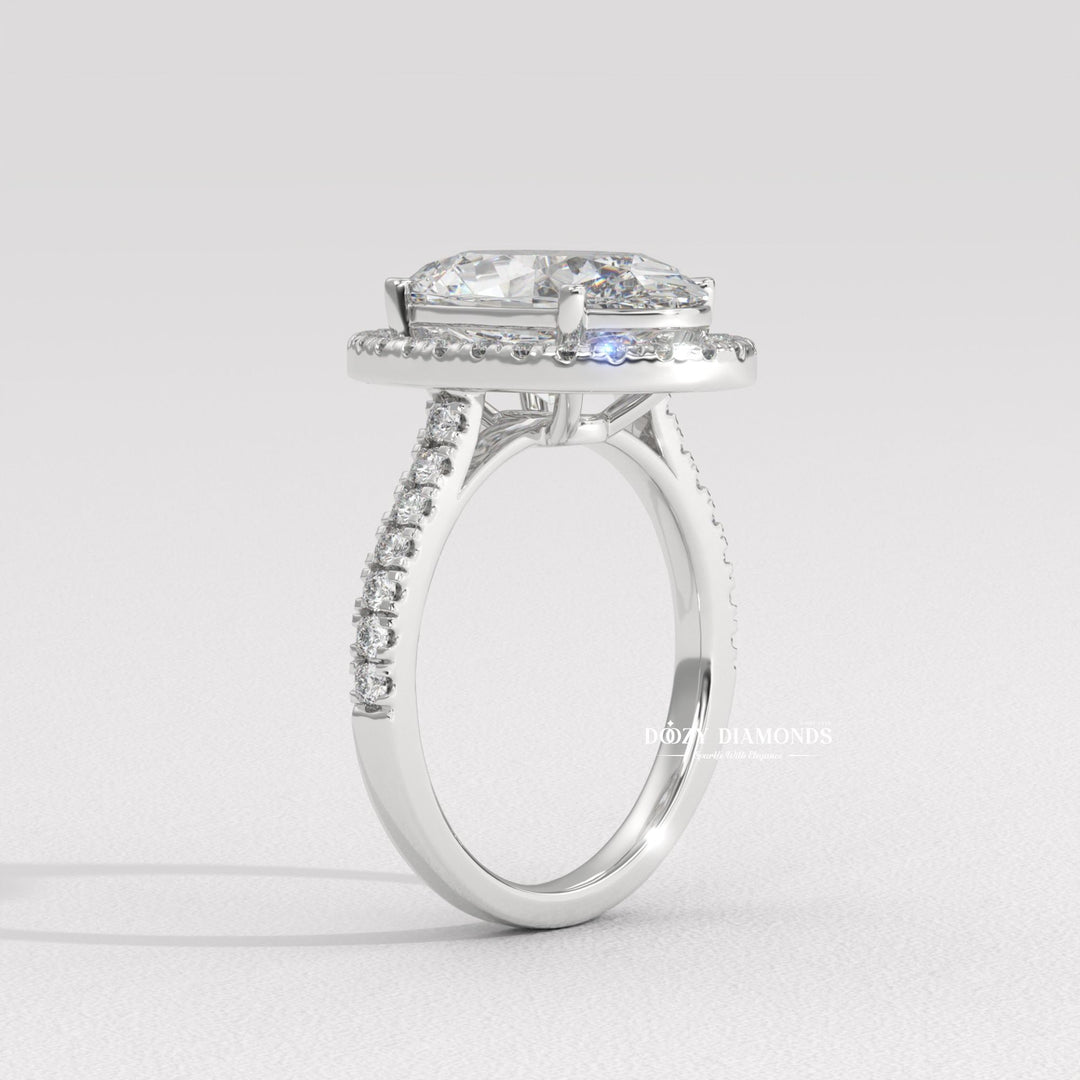 Oval halo engagement ring with certified lab grown diamond