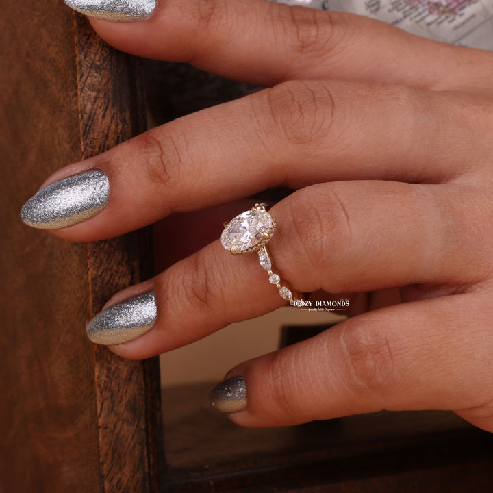 Oval hidden halo lab grown diamond ring side profile in gold setting