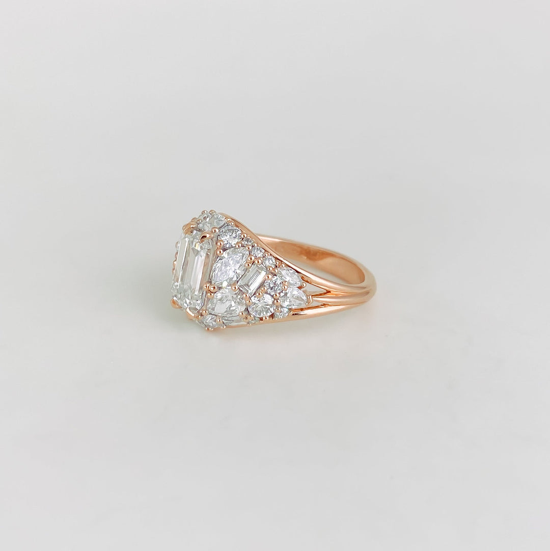eco conscious jewelry, lab grown bridal ring, lab grown wedding ring, emerald lab diamond ring, emerald lab grown diamond ring, cluster lab diamond ring, premium lab created diamond ring, fine lab grown jewelry, handcrafted lab diamond ring, modern lab diamond ring,