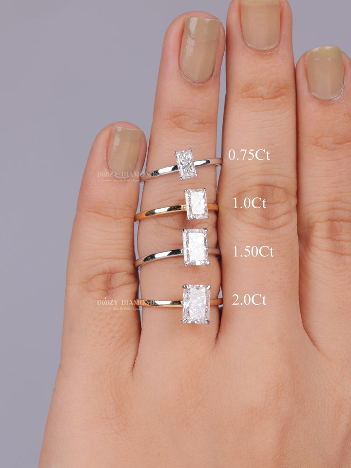 Radiant solitaire engagement ring viewed from the side