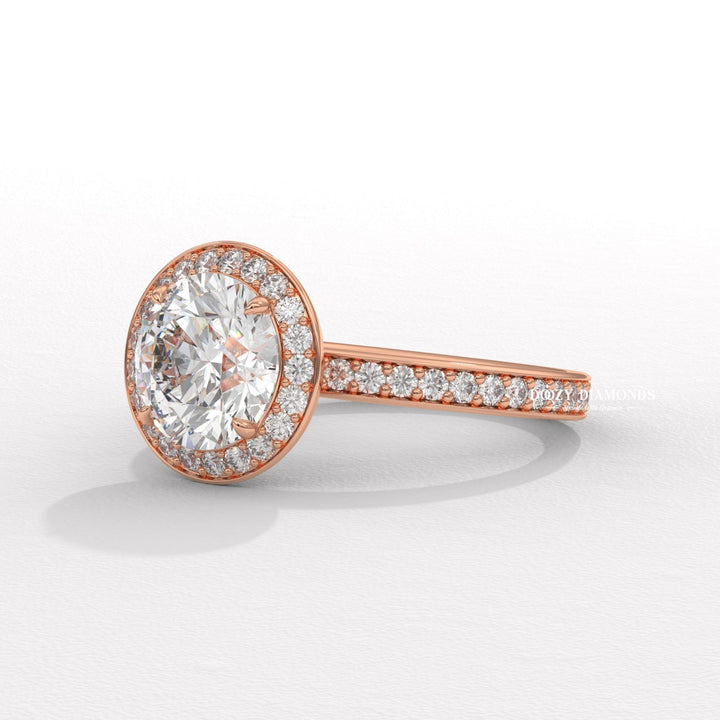 Round cut engagement ring side view showing band detail