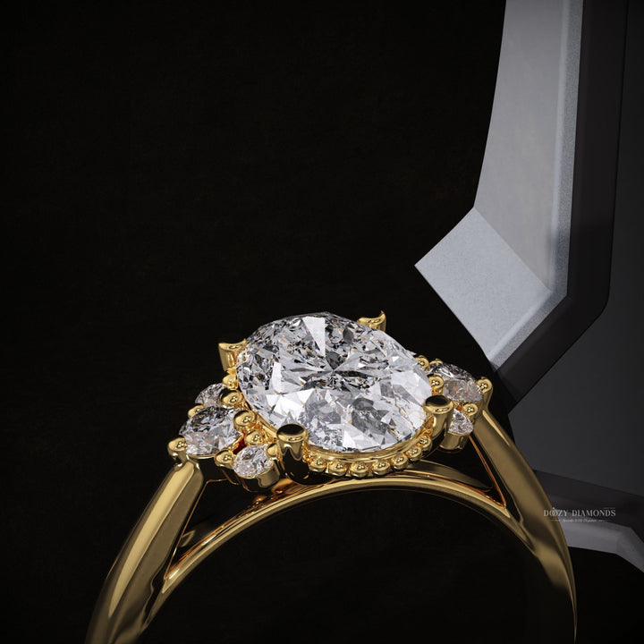 Oval cluster lab grown diamond ring side profile in gold setting