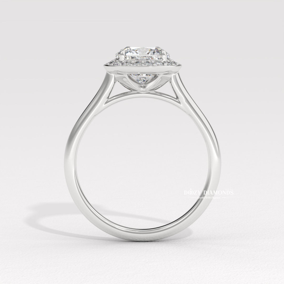 Cushion halo engagement ring with IGI certificate and packaging
