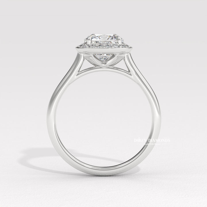 Cushion halo engagement ring with IGI certificate and packaging