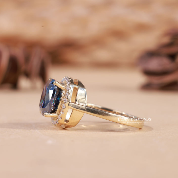 Profile view of cushion cut halo engagement ring band