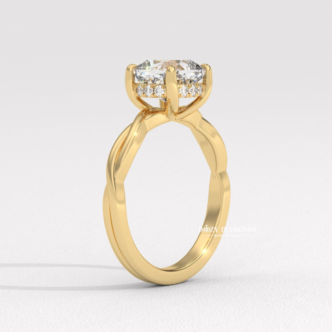 Macro shot of cushion cut diamond facets in solitaire ring setting