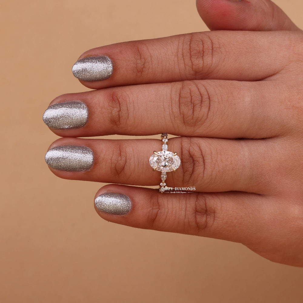 Close-up of oval cut center diamond in hidden halo engagement ring