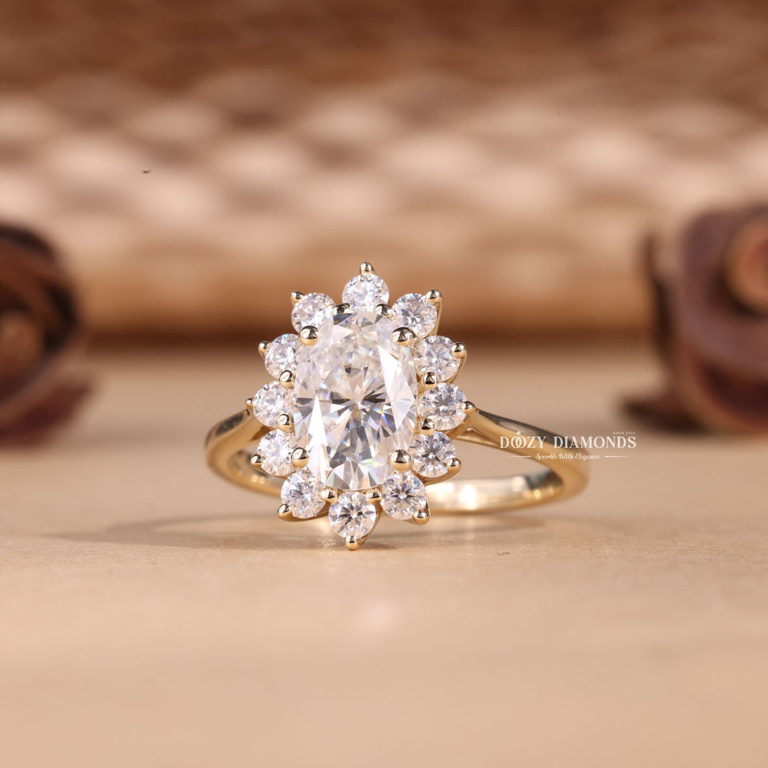 Oval halo ring set with an IGI graded diamond