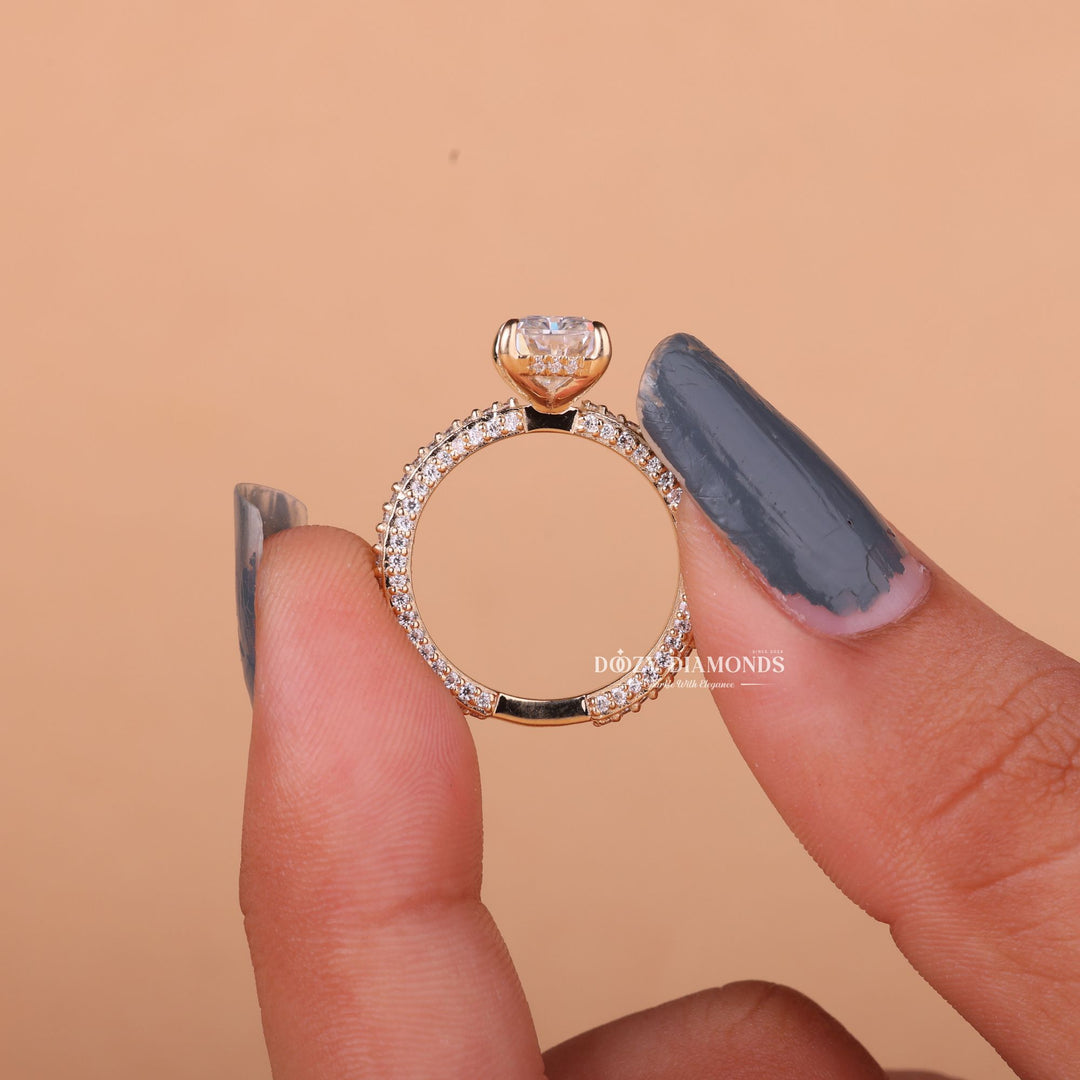 Radiant pave lab grown diamond ring side profile in gold setting