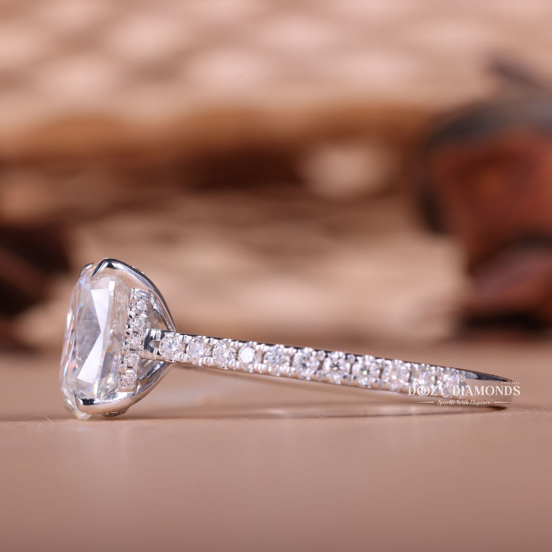 Cushion hidden halo lab grown diamond ring in jewelry gift box