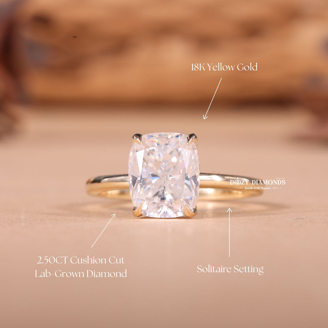 Cushion cut hidden halo engagement ring with IGI certified center diamond