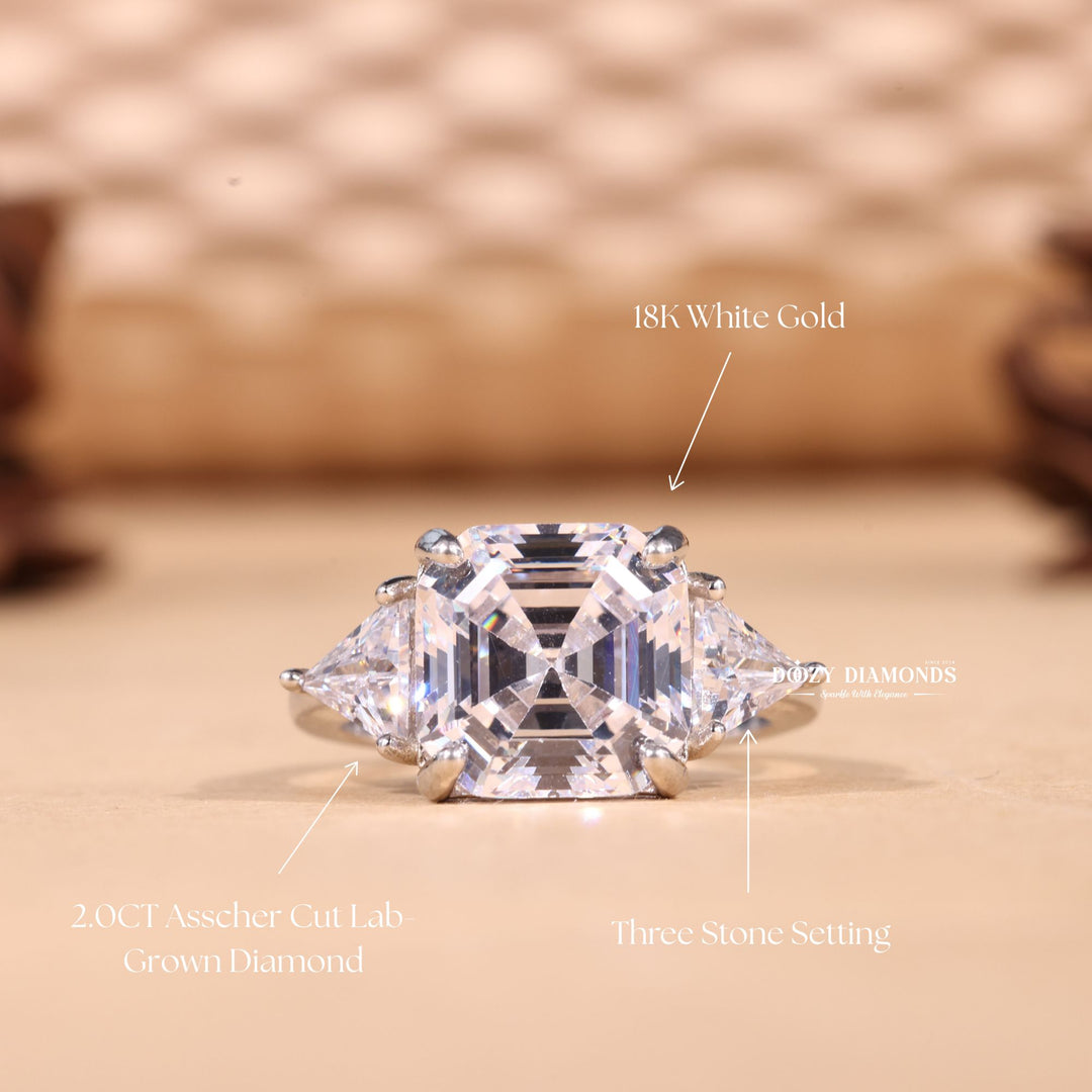 Asscher three stone engagement ring with IGI certificate and packaging