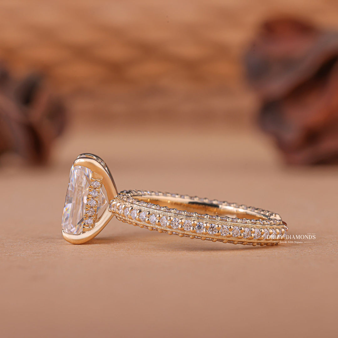 Macro shot of radiant cut diamond facets in pave ring setting