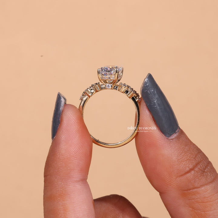Oval pave engagement ring close-up showing E/VS1 diamond clarity
