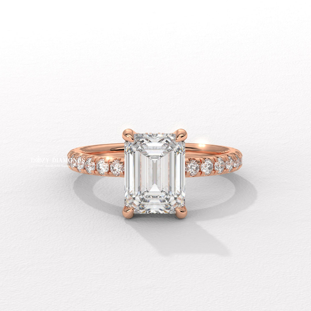 Premium emerald cut hidden halo engagement ring crafted in solid gold
