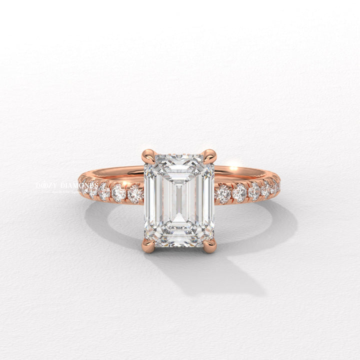 Premium emerald cut hidden halo engagement ring crafted in solid gold