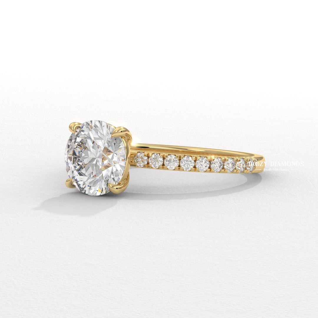 Round pave engagement ring close-up showing high clarity diamond clarity
