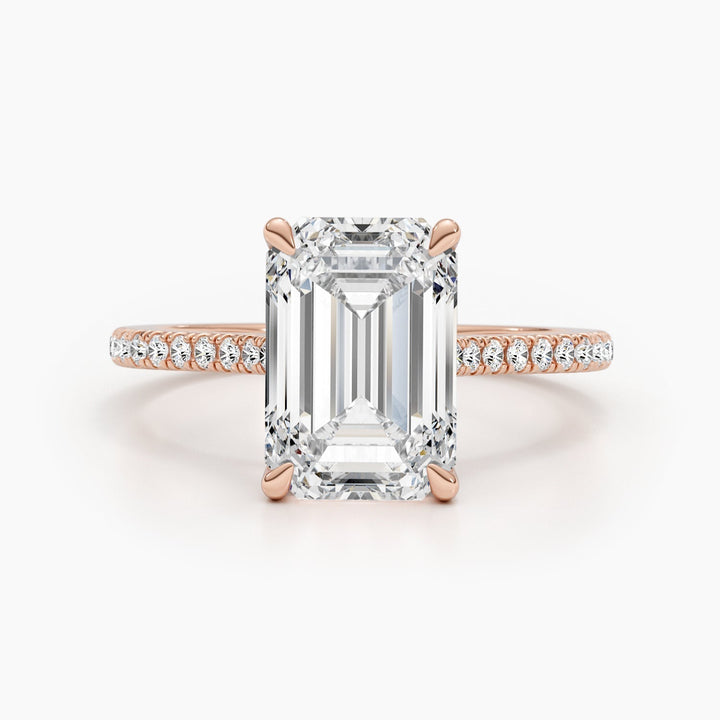 Top-down view of emerald cut pave engagement ring