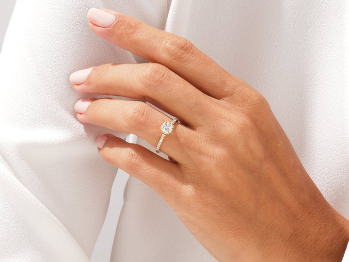 Asscher pave engagement ring finished in polished solid gold