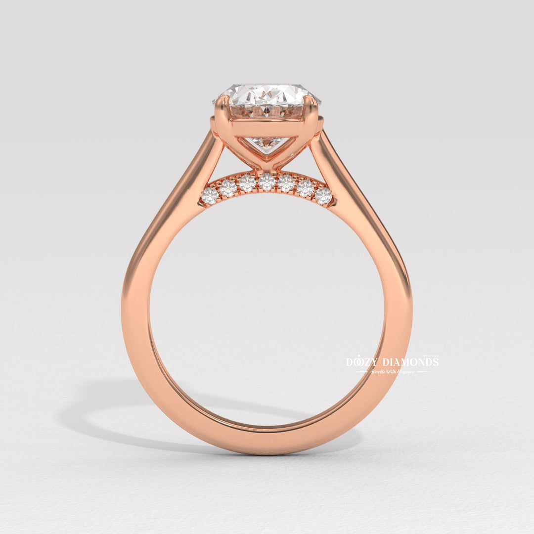 Oval solitaire engagement ring close-up showing high clarity diamond clarity