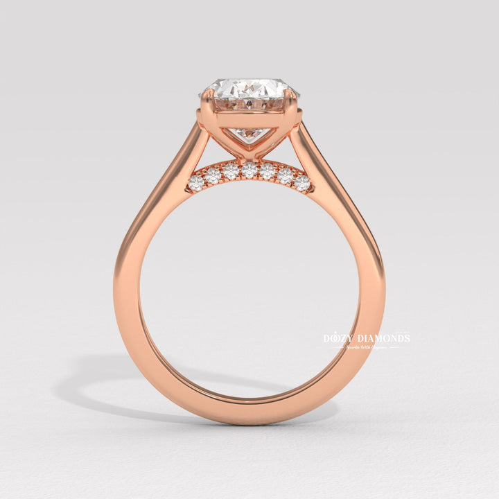 Oval solitaire engagement ring close-up showing high clarity diamond clarity