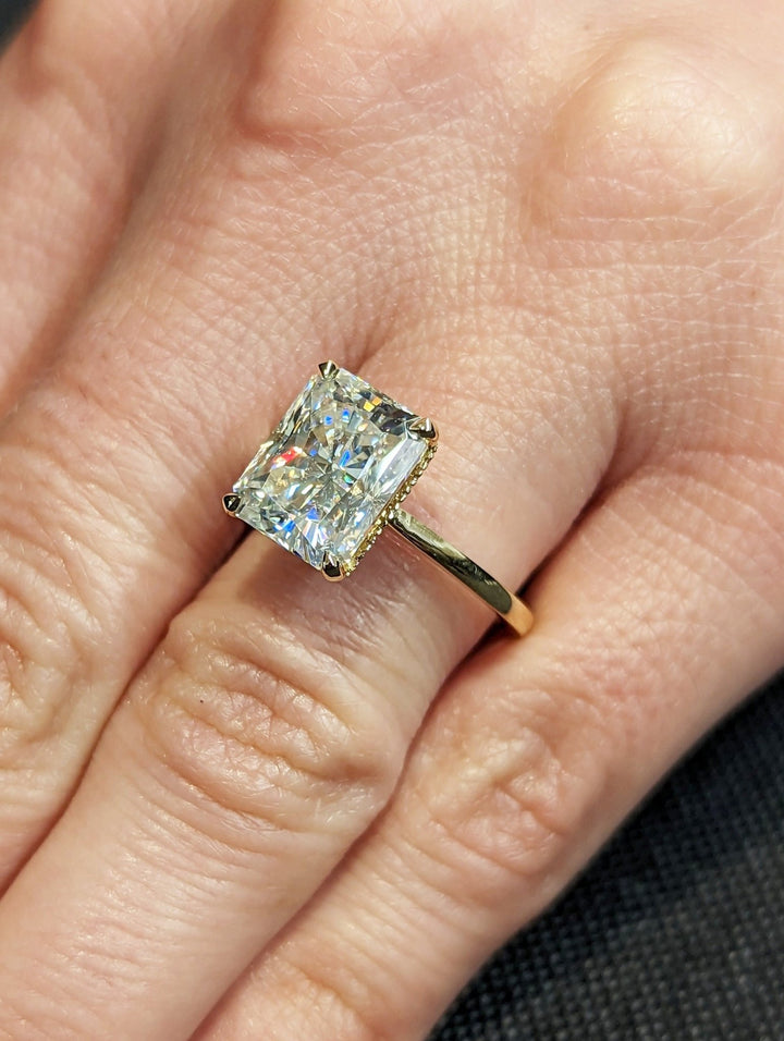 Radiant hidden halo lab grown diamond ring in jewelry gift box