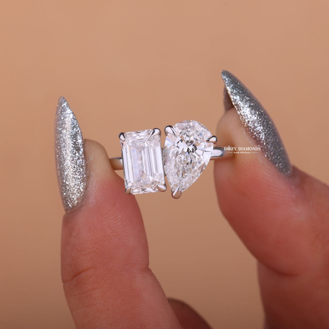 Pear cut engagement ring side view showing band detail