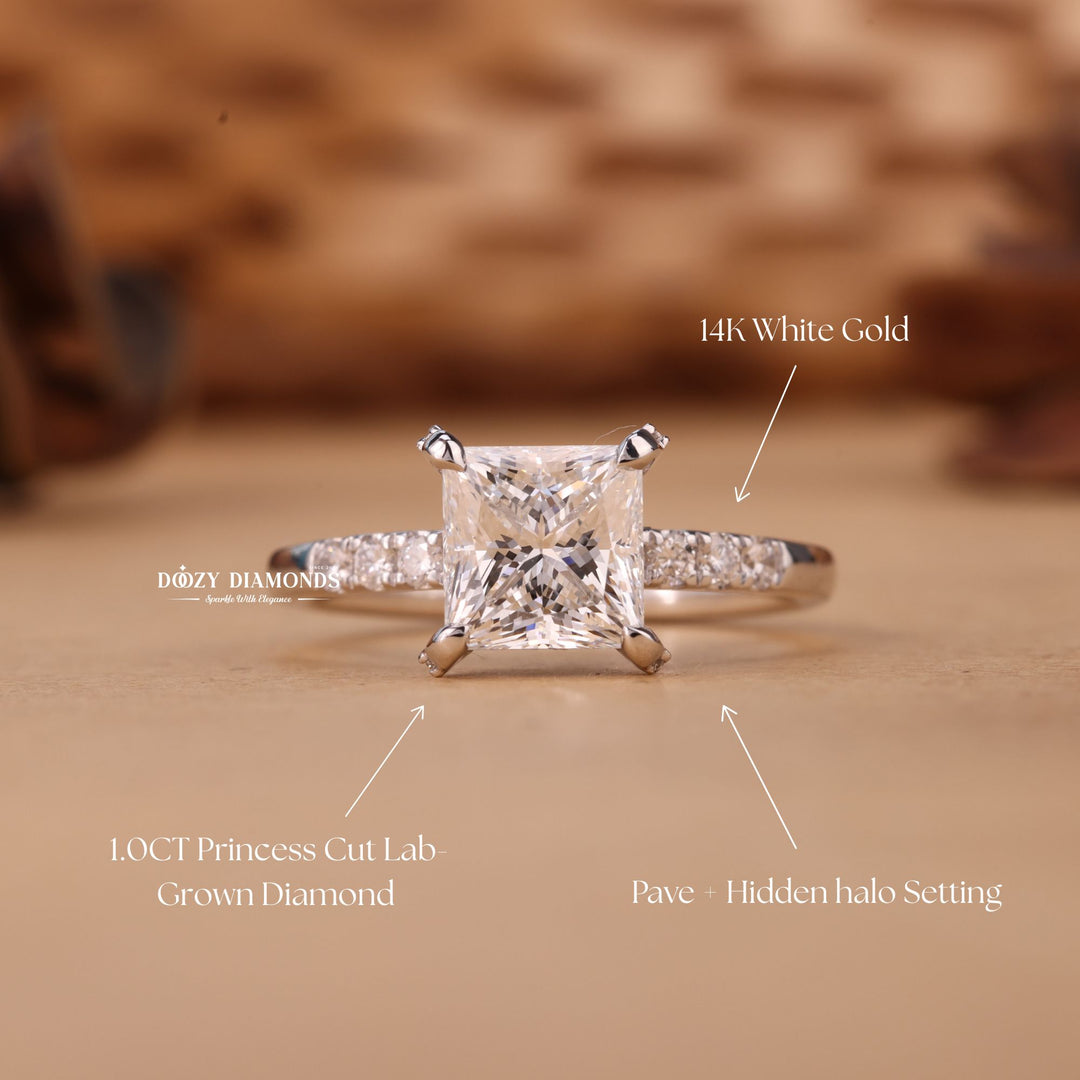 Fine craftsmanship detail on princess hidden halo engagement ring
