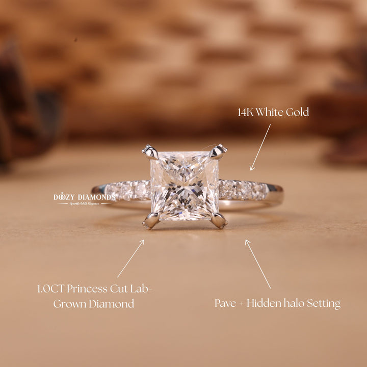 Fine craftsmanship detail on princess hidden halo engagement ring