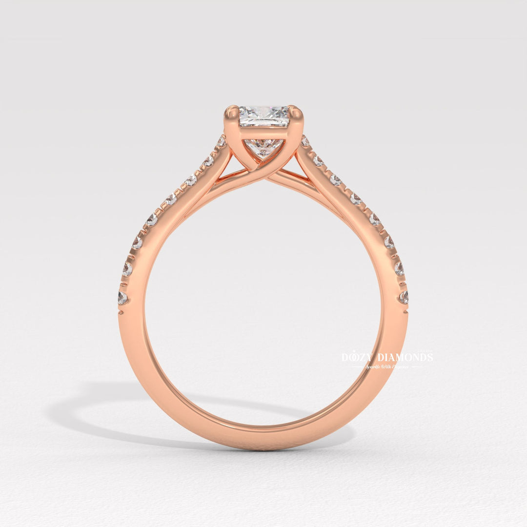 Side angle of cushion solitaire diamond engagement ring