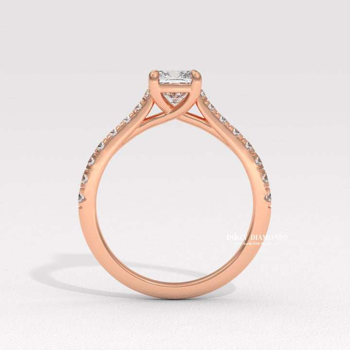 Side angle of cushion solitaire diamond engagement ring