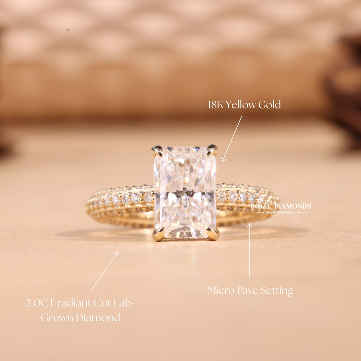 Radiant pave engagement ring photographed in natural light