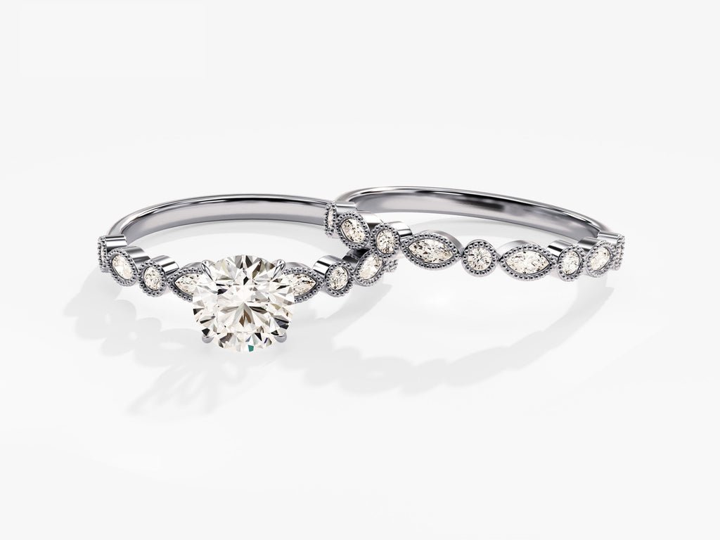 1.0CT Round Cut Vintage Milgrain F - VS Lab Grown Diamond Engagement Ring Set - Doozy Diamonds