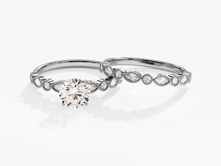 1.0CT Round Cut Vintage Milgrain F - VS Lab Grown Diamond Engagement Ring Set - Doozy Diamonds