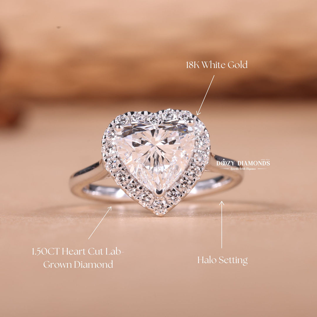 Certified heart cut diamond featured in halo engagement ring